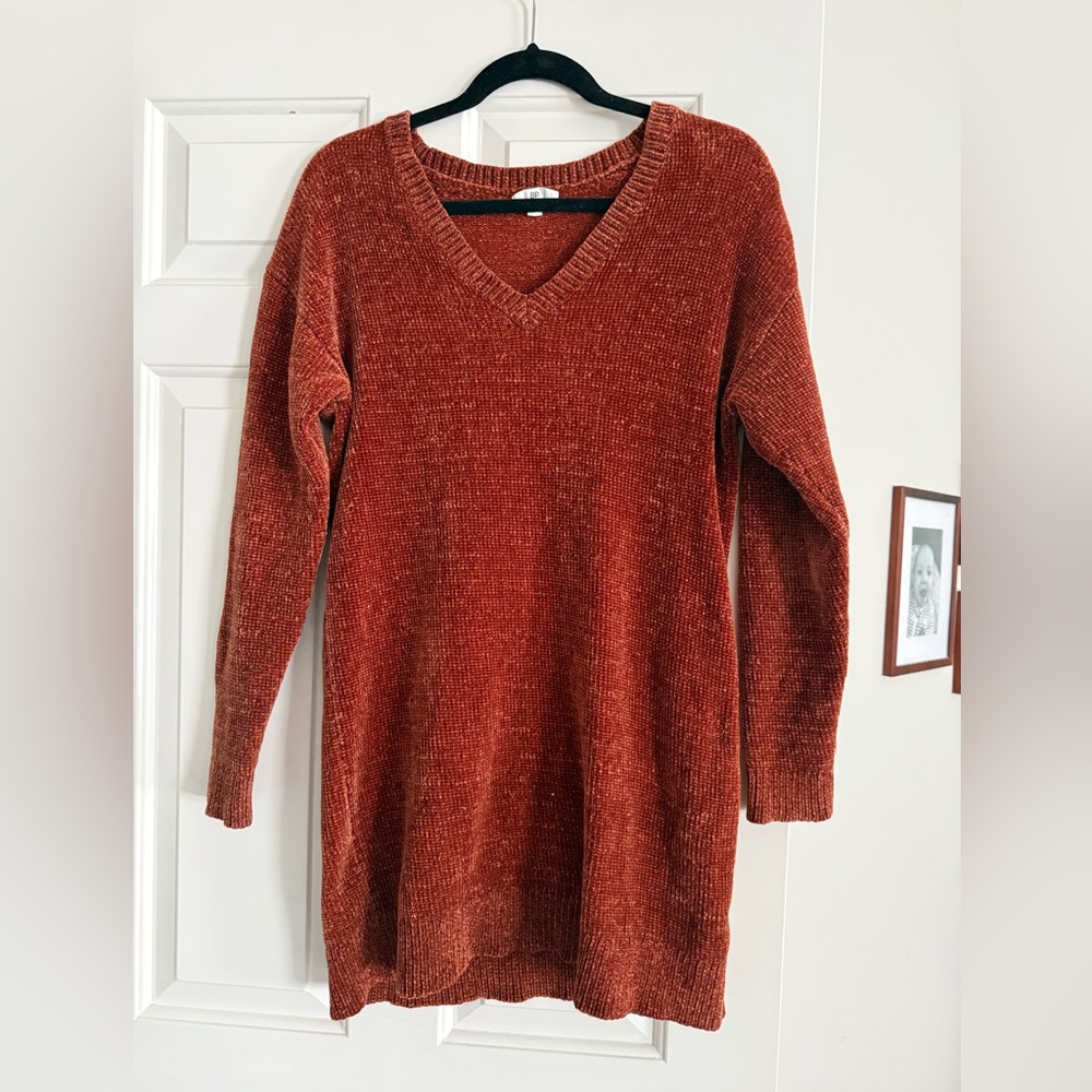 V-Neck Chenille Sweater Dress - Rust
